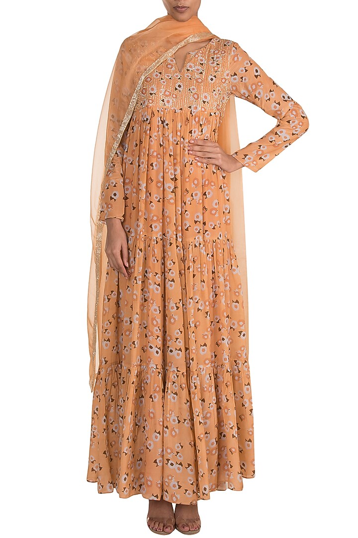 Yellow Embroidered Printed Wedding Anarkali With Dupatta by Ease at Pernia's Pop Up Shop