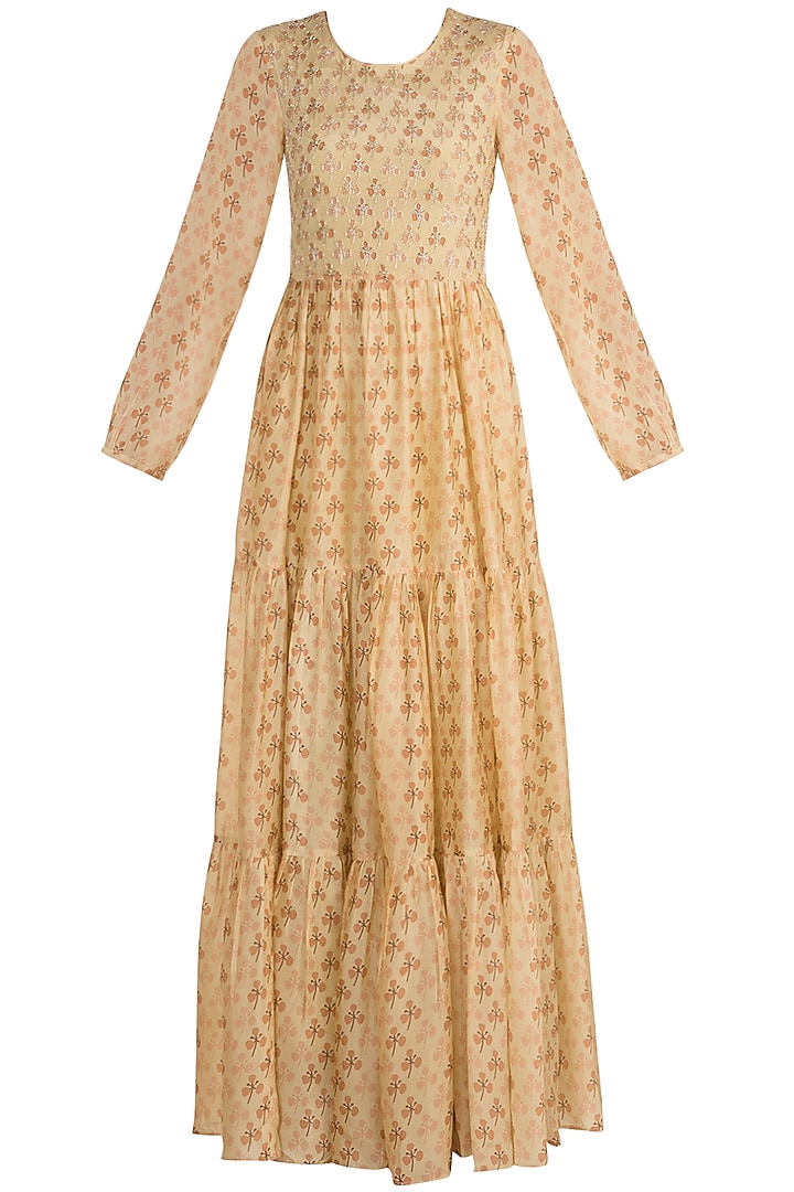 Yellow Embroidered Printed Maxi Dress by Ease