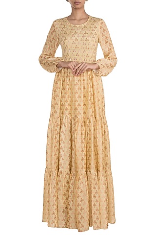 Yellow Embroidered Printed Maxi Dress by Ease
