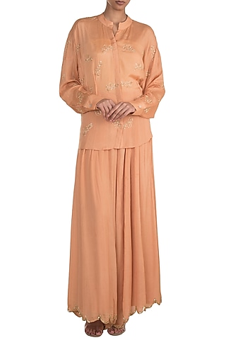 Peach Embroidered Top With Flared Pants by Ease