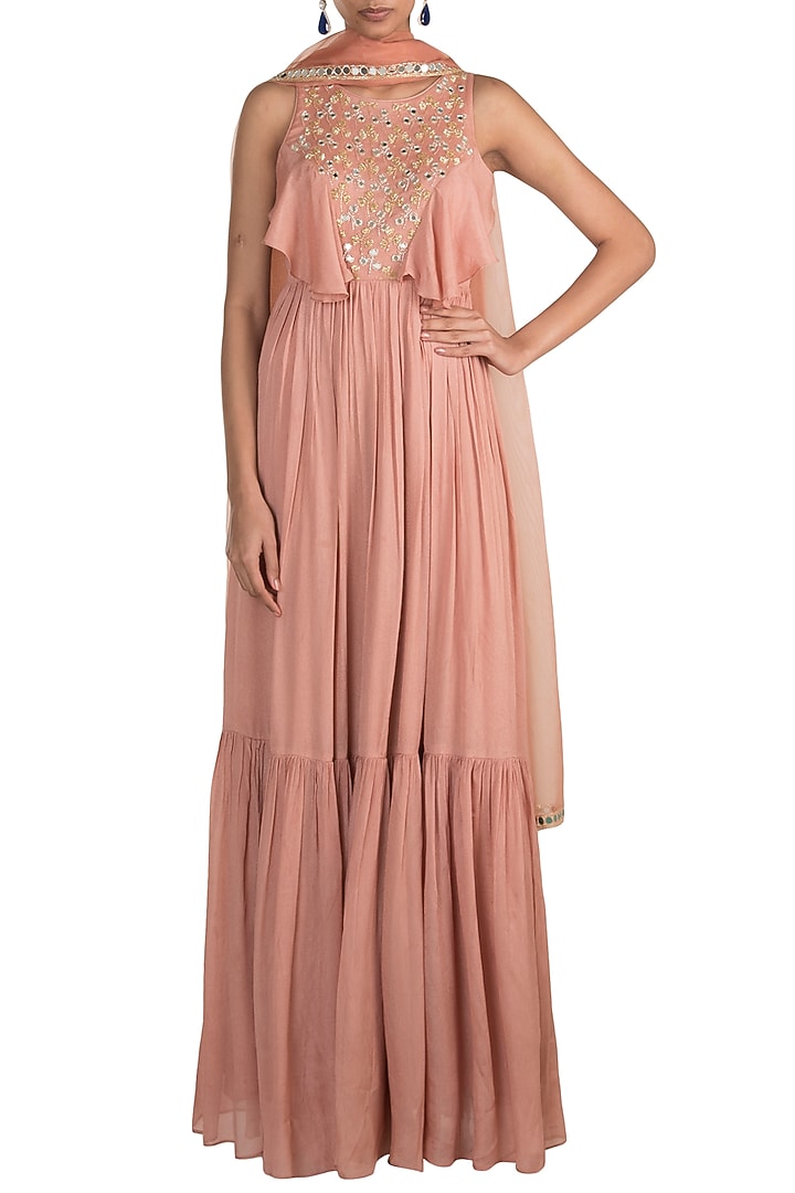 Mauve Pink Embroidered Party Wear Anarkali With Dupatta by Ease at Pernia's Pop Up Shop
