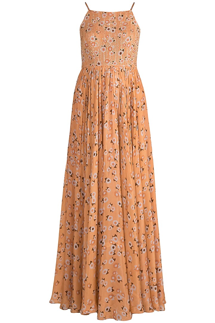 Peach Embroidered Printed Wedding Anarkali With Dupatta by Ease at Pernia's Pop Up Shop