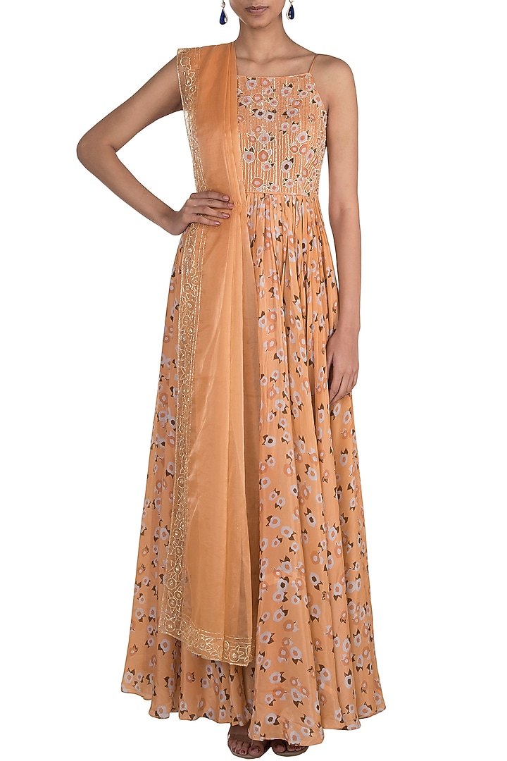 Peach Embroidered Printed Wedding Anarkali With Dupatta by Ease at Pernia's Pop Up Shop