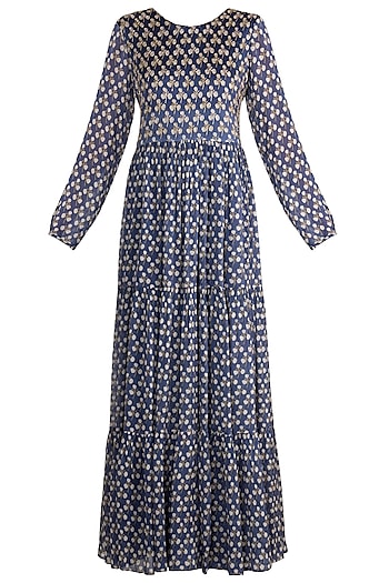 Blue Embroidered Printed Maxi Dress Design by Ease at Pernia's Pop Up Shop