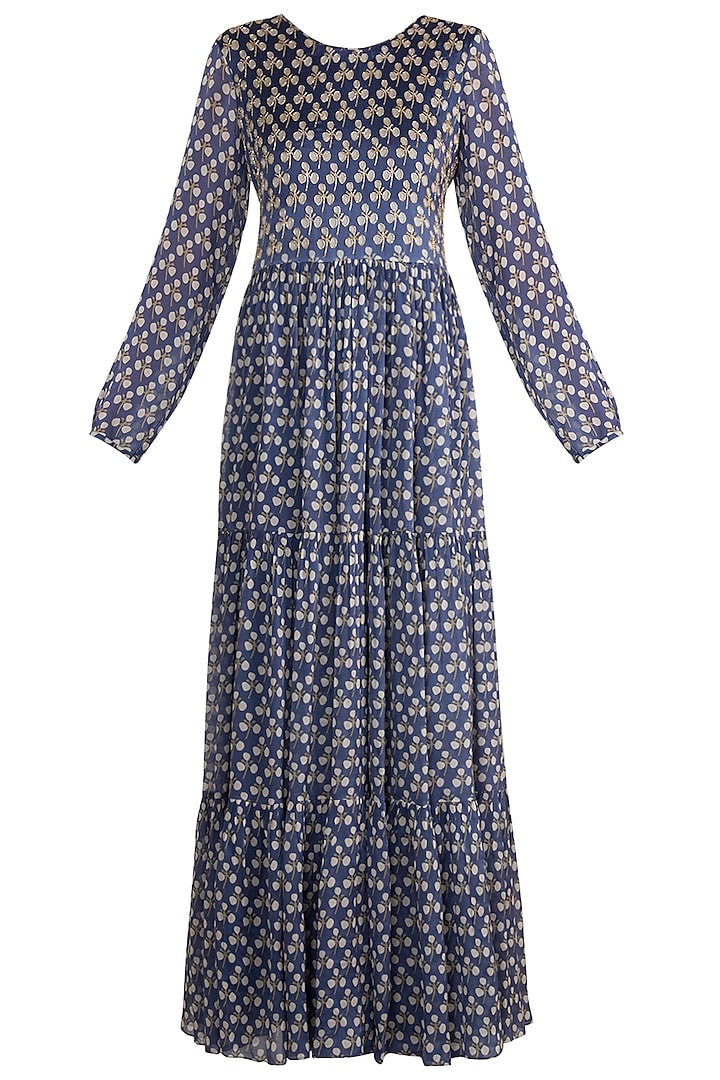 Blue Embroidered Printed Maxi Dress Design by Ease at Pernia's Pop Up ...