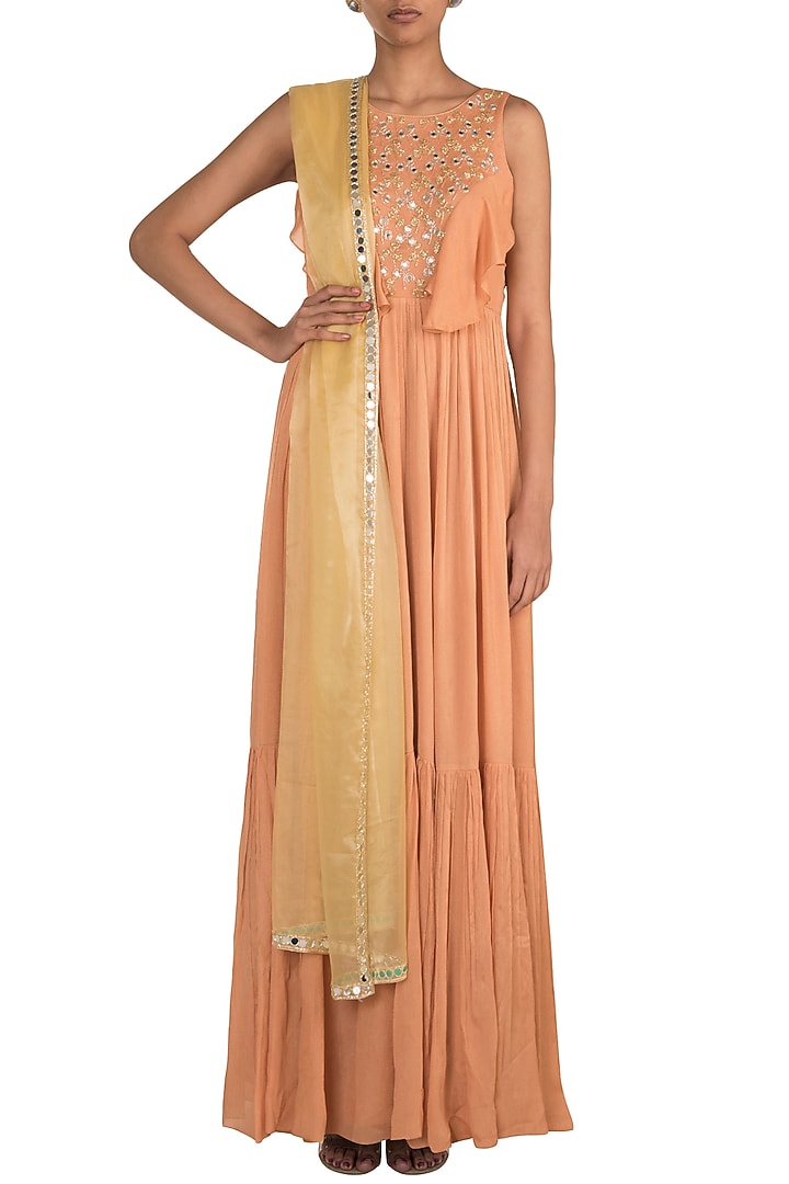 Peach Embroidered Party Wear Anarkali & Yellow Dupatta by Ease at Pernia's Pop Up Shop