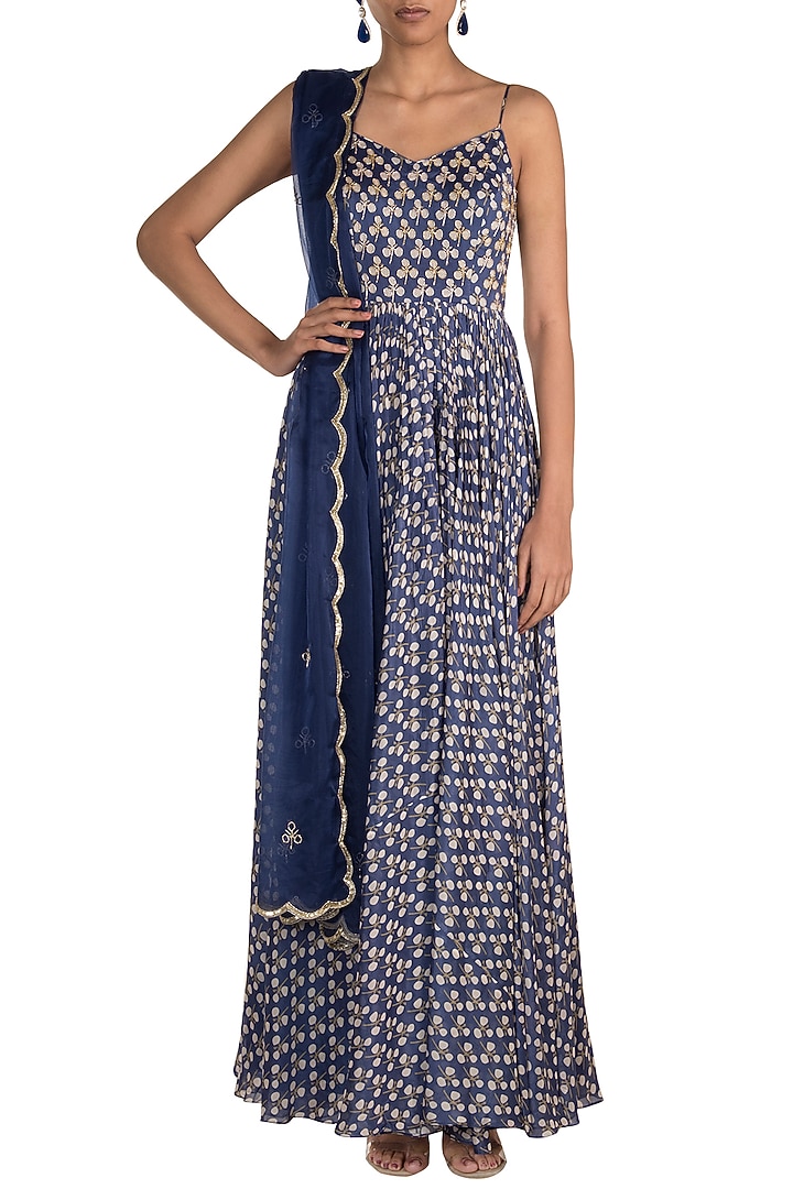 Blue Embroidered Printed Singlet Party Wear Anarkali With Dupatta by Ease at Pernia's Pop Up Shop