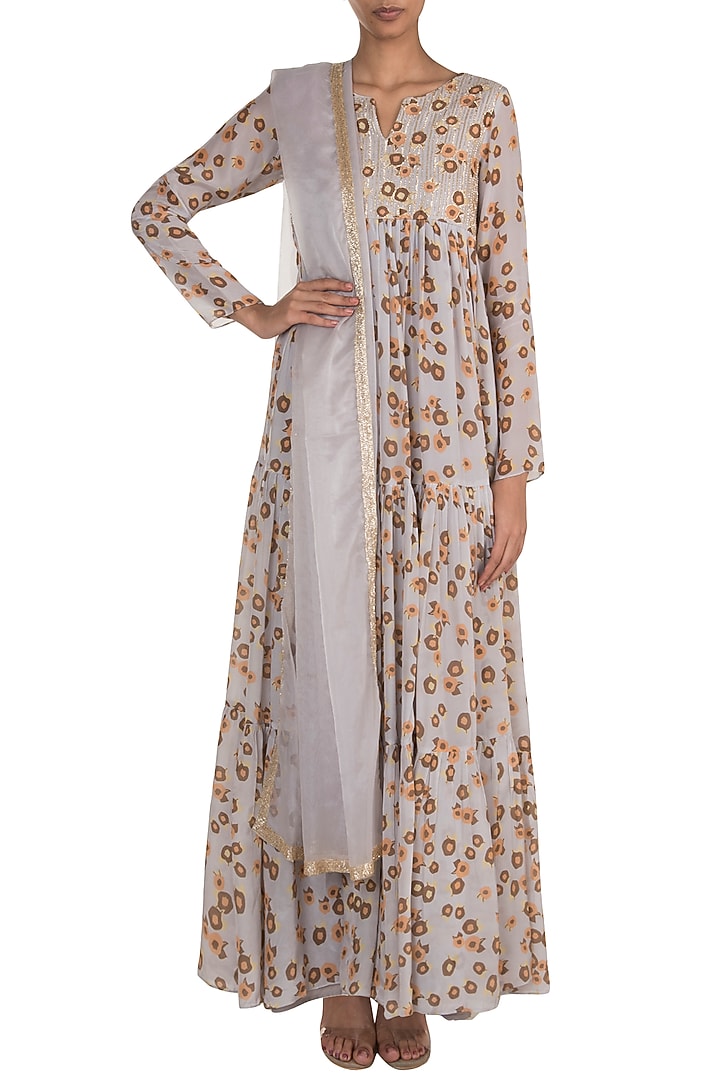 Light Lilac Embroidered & Printed Wedding Anarkali With Dupatta by Ease at Pernia's Pop Up Shop