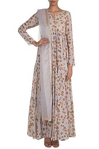 Light Lilac Embroidered & Printed Anarkali With Dupatta by Ease