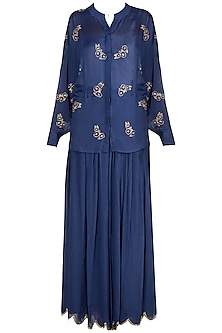Royal Blue Embroidered Top With Flared Palazzo Pants Design by Ease at ...