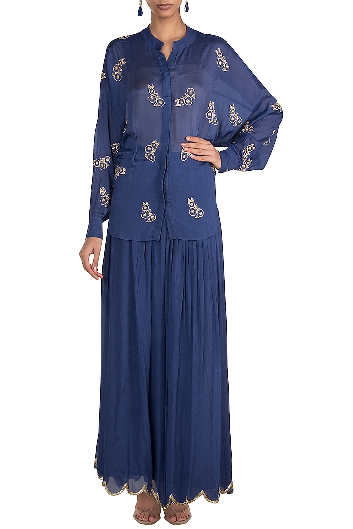 Royal Blue Embroidered Top With Flared Palazzo Pants by Ease at Pernia's Pop Up Shop