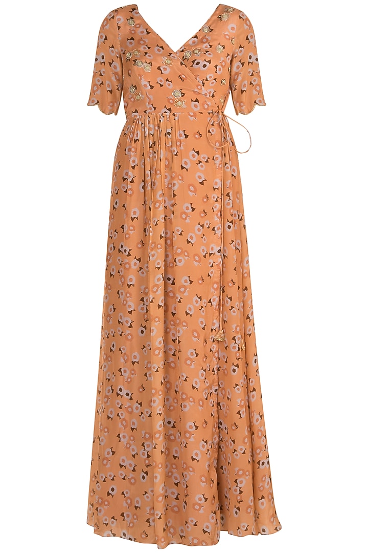 Peach Embroidered Printed Tie-Up Kurta by Ease at Pernia's Pop Up Shop