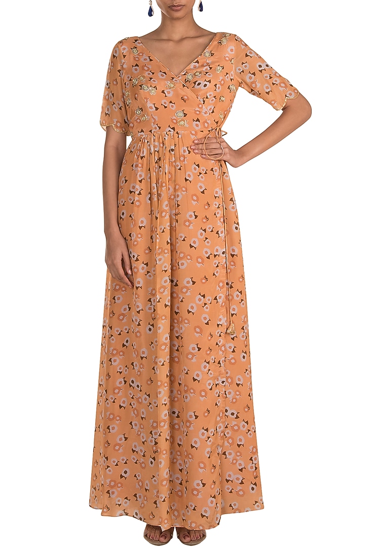 Peach Embroidered Printed Tie-Up Kurta by Ease at Pernia's Pop Up Shop