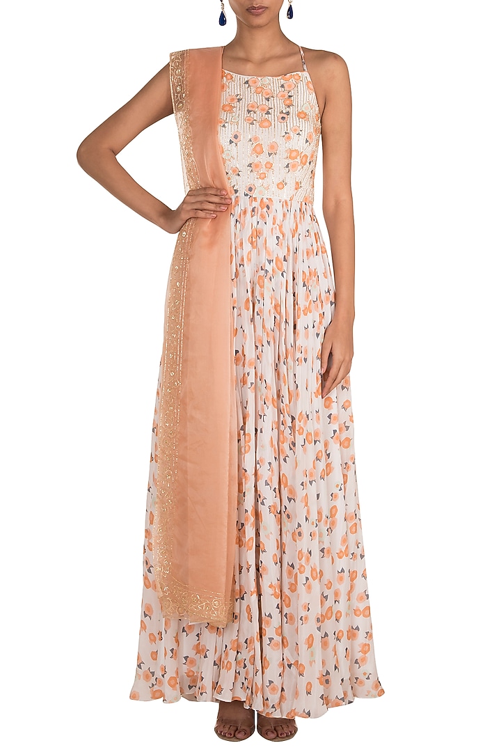 White Embroidered Printed Wedding Anarkali With Dupatta by Ease at Pernia's Pop Up Shop