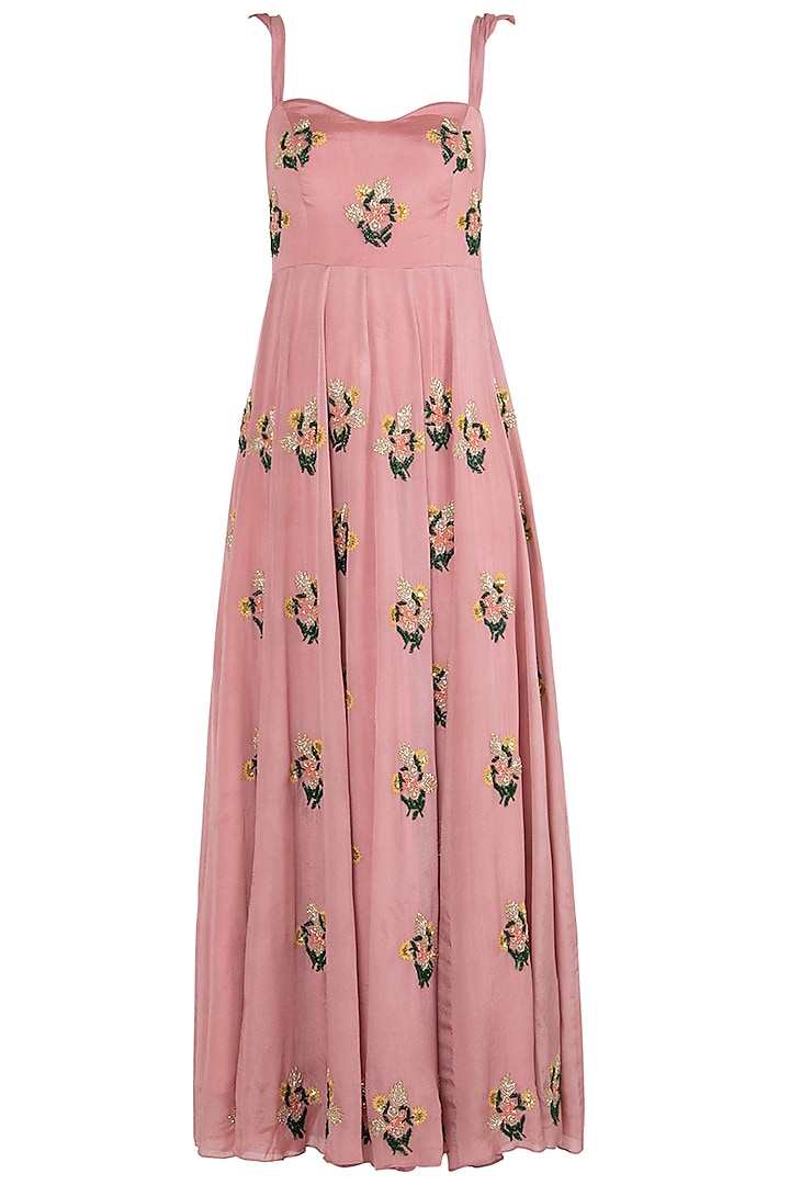 Mauve Floral Embroidered Anarkali Gown Set by Ease