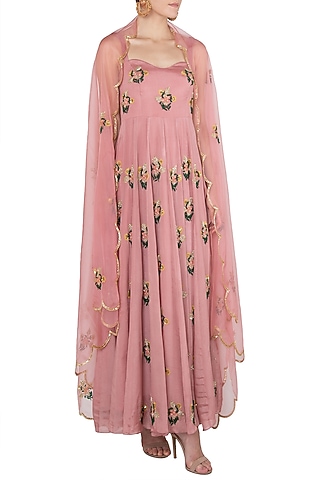Mauve Floral Embroidered Anarkali Gown Set by Ease