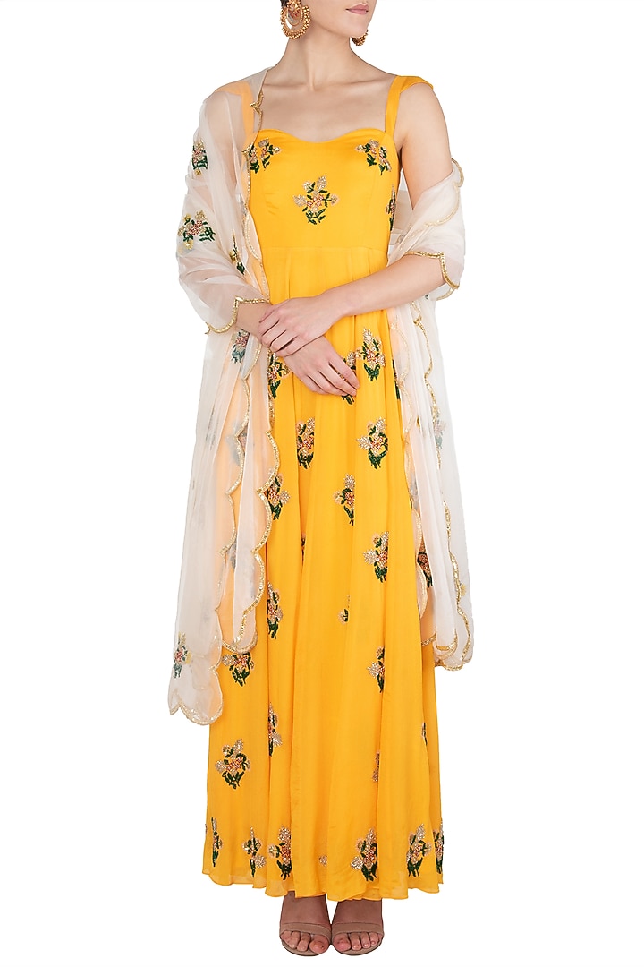 Yellow floral embroidered anarkali gown set available only at Pernia's Pop Up Shop.