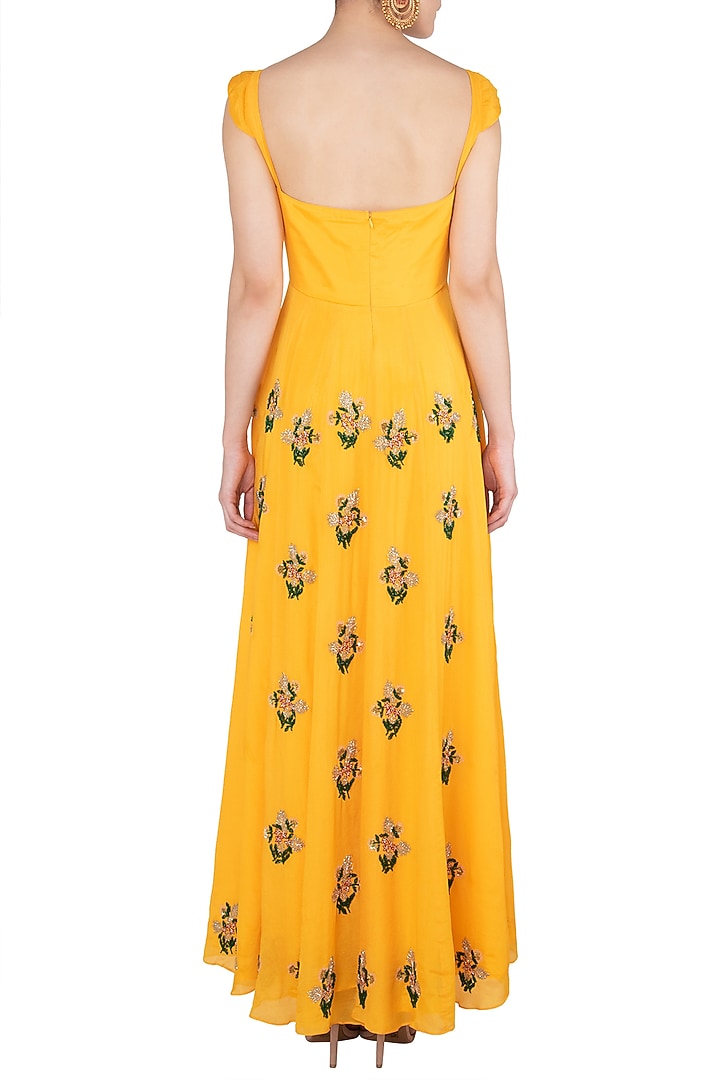Yellow floral embroidered anarkali gown set available only at Pernia's Pop Up Shop.