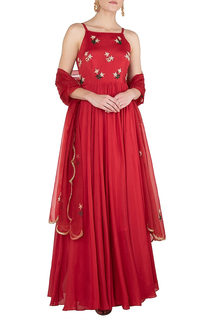 Multi Red Traditional Embroidered Festive Anarkali Gown