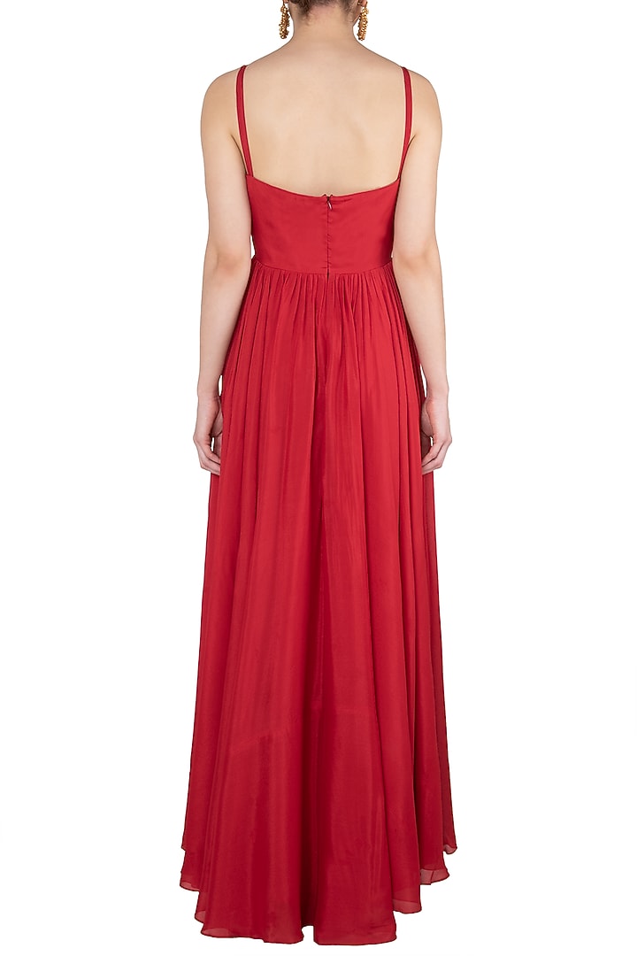 Red floral embroidered anarkali gown set available only at Pernia's Pop Up Shop.