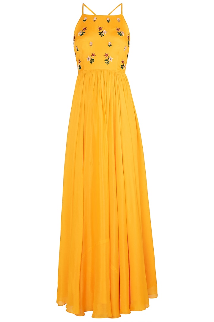 Yellow Embroidered Anarkali Gown Set by Ease