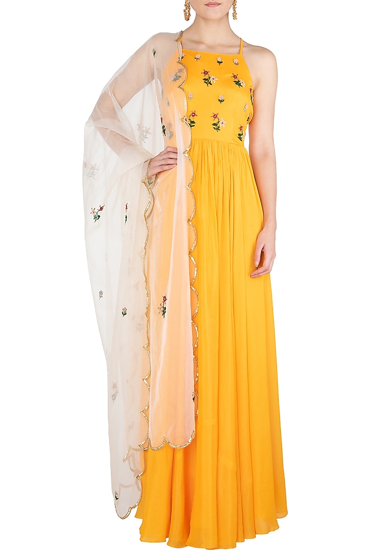 Yellow embroidered anarkali gown set available only at Pernia's Pop Up Shop.