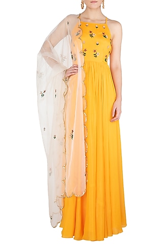 Yellow Embroidered Anarkali Gown Set by Ease