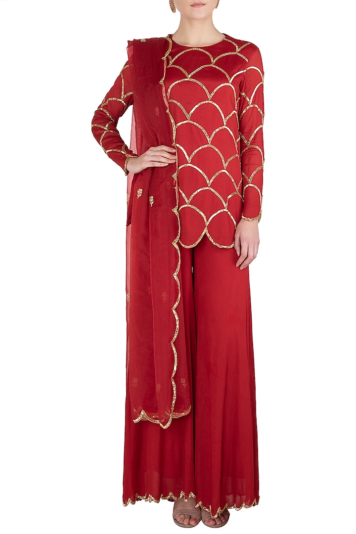 Red embroidered kurta with palazzo pants set available only at Pernia's Pop Up Shop.