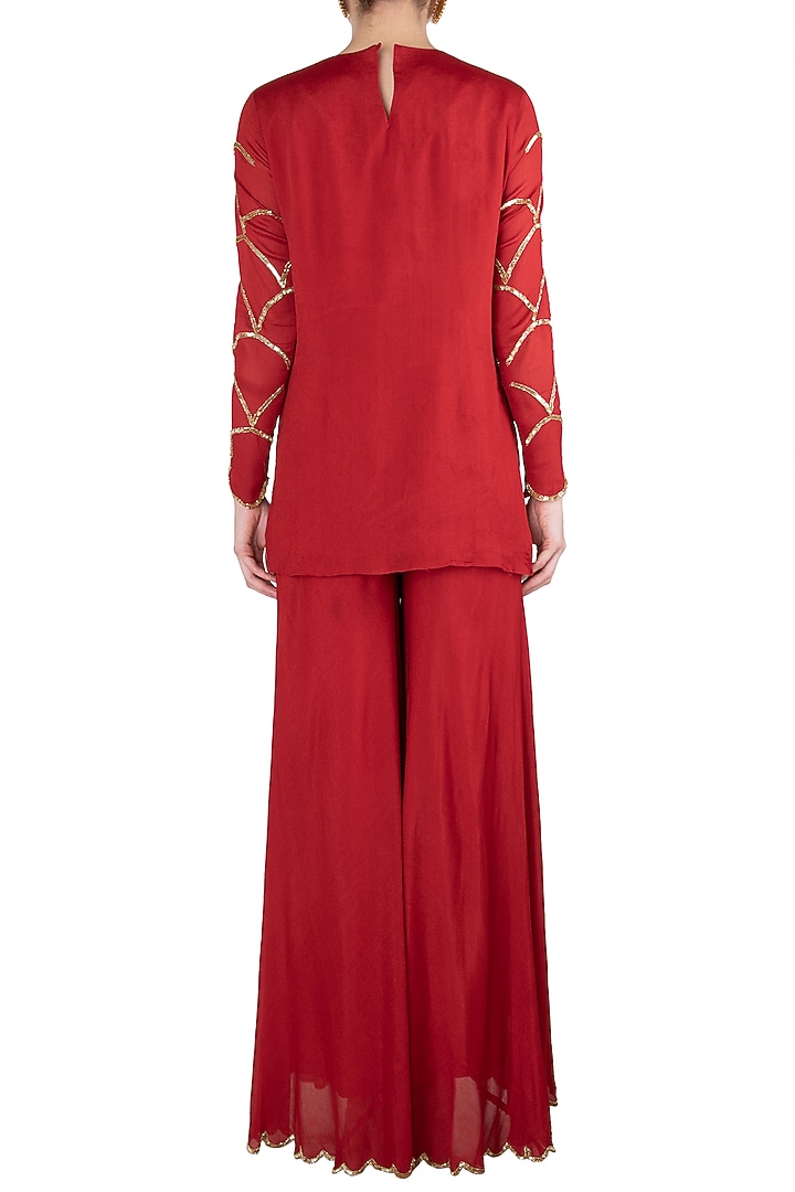 Red embroidered kurta with palazzo pants set available only at Pernia's Pop Up Shop.