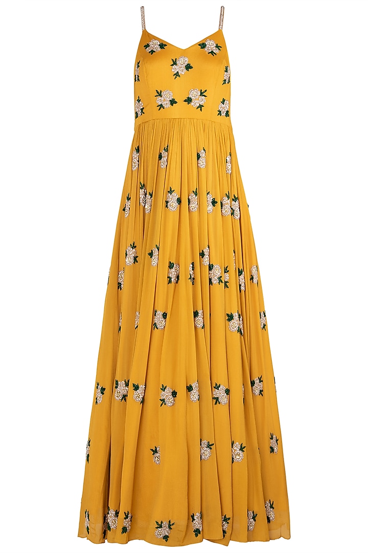 Mustard Yellow Embroidered Anarkali Gown Set by Ease