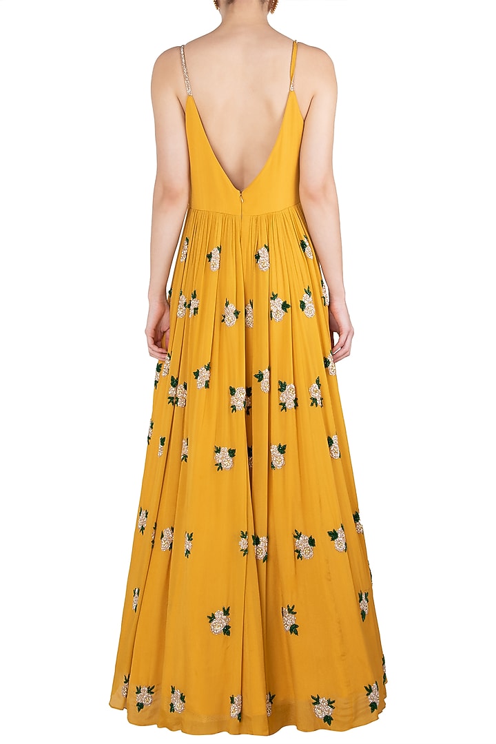 Mustard yellow embroidered anarkali gown set available only at Pernia's Pop Up Shop.