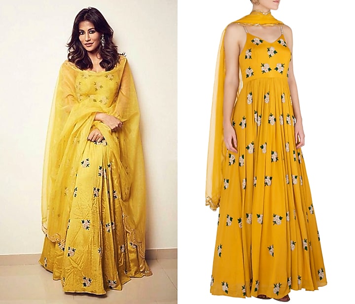 Mustard yellow embroidered anarkali gown set available only at Pernia's Pop Up Shop.
