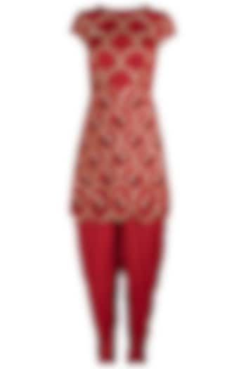 Red Embroidered Kurta with Dhoti Pants Set by Ease