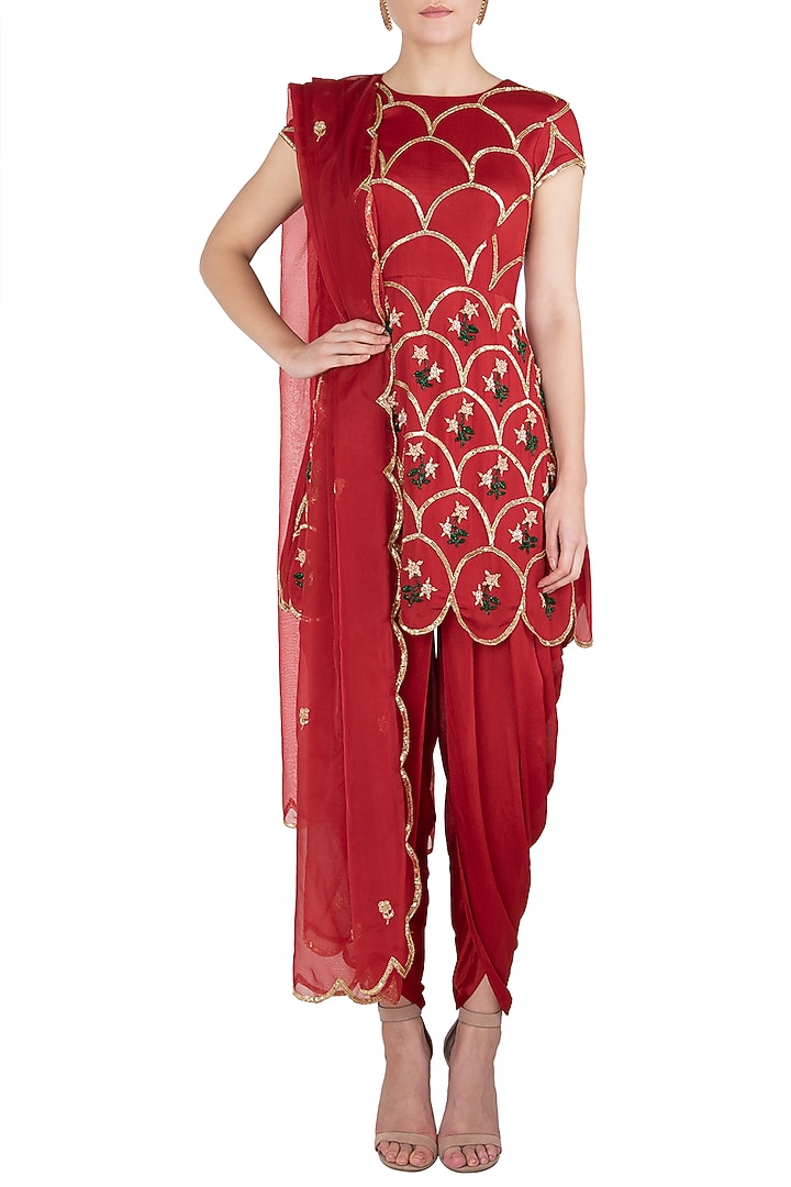 Red embroidered kurta with dhoti pants set available only at Pernia's Pop Up Shop.
