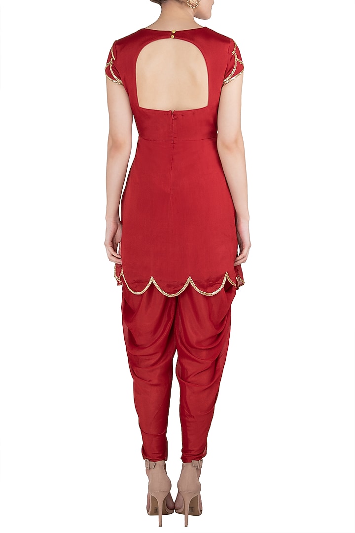 Red embroidered kurta with dhoti pants set available only at Pernia's Pop Up Shop.