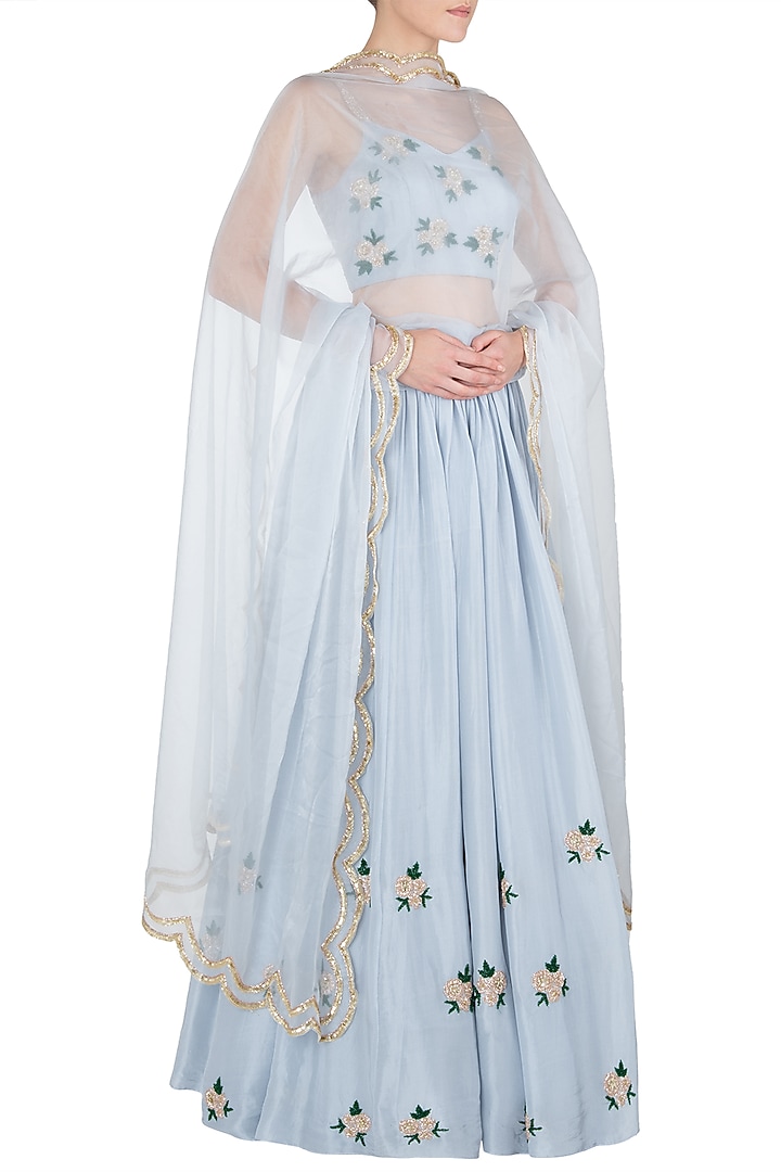 Powder blue embroidered lehenga set available only at Pernia's Pop Up Shop.