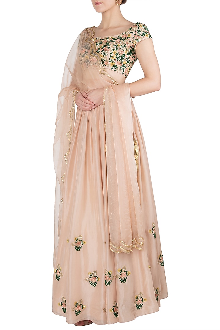Beige embroidered lehenga set available only at Pernia's Pop Up Shop.