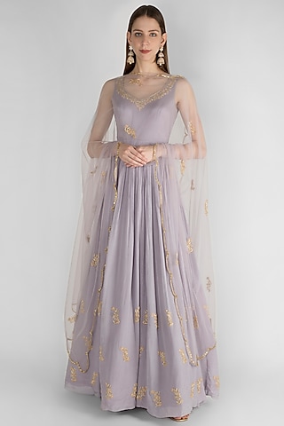 Light Purple Embroidered Anarkali With Dupatta by Ease