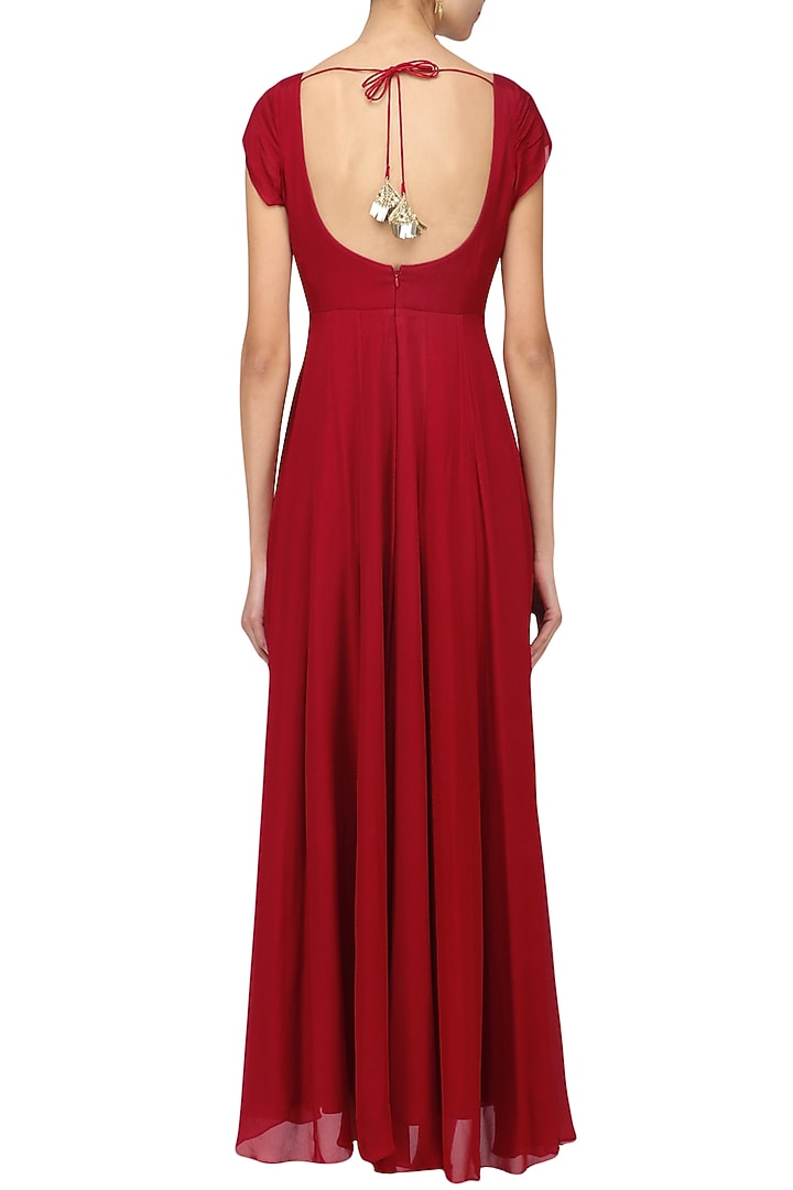Crimson Red and mauve pink embroidered anarkali set available only at Pernia's Pop Up Shop.