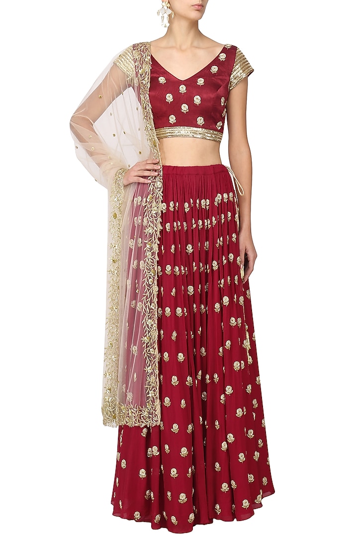 Crimson Red embroidered lehenga set available only at Pernia's Pop Up Shop.