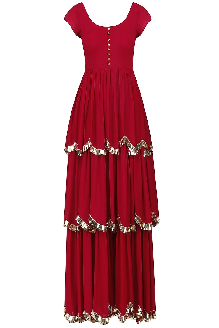 Crimson Red Embroidered Layered Anarkali Set by Ease