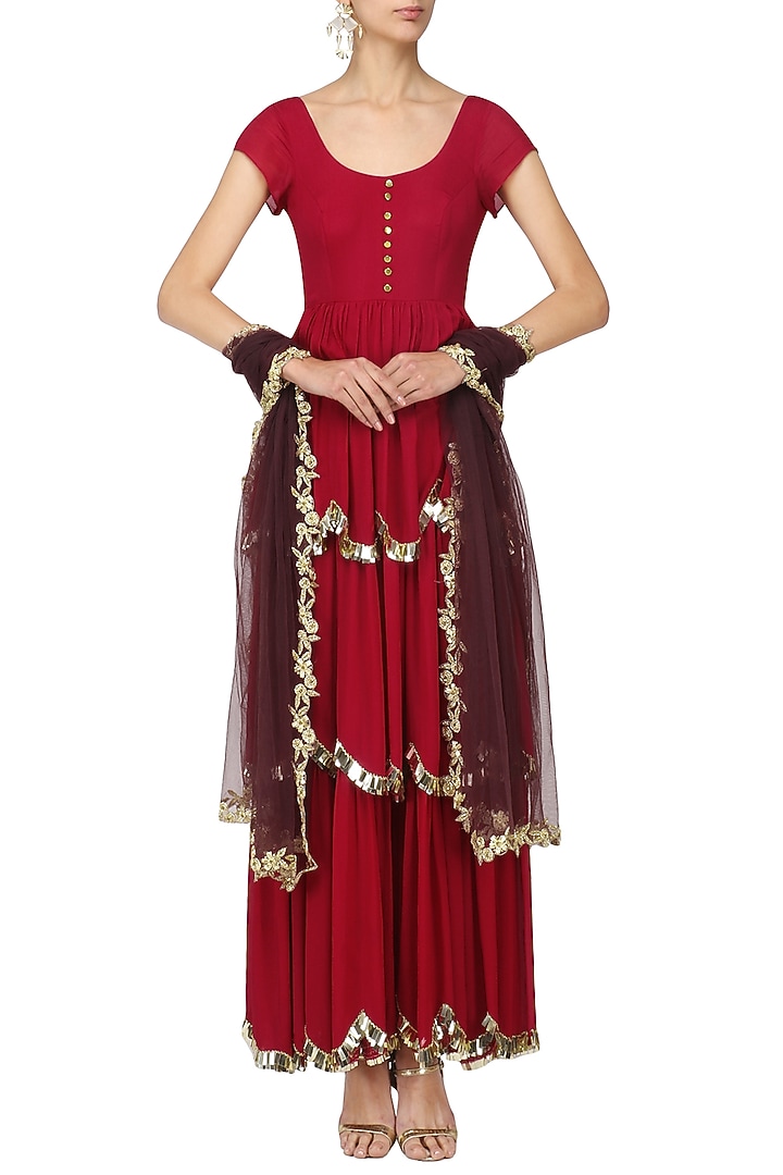 Crimson Red embroidered layered Anarkali set available only at Pernia's Pop Up Shop.