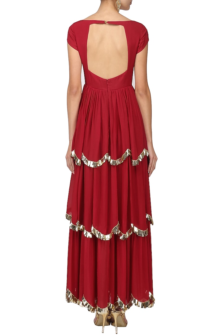 Crimson Red embroidered layered Anarkali set available only at Pernia's Pop Up Shop.