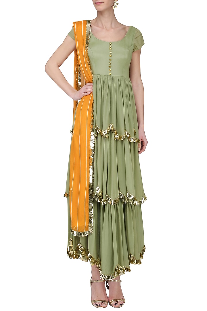 Pistagreen and mango yellow embroidered layered Anarkali set available only at Pernia's Pop Up Shop.