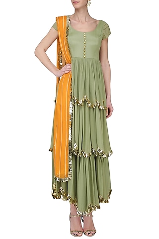 Pistagreen and Mango Yellow Embroidered Layered Anarkali Set by Ease