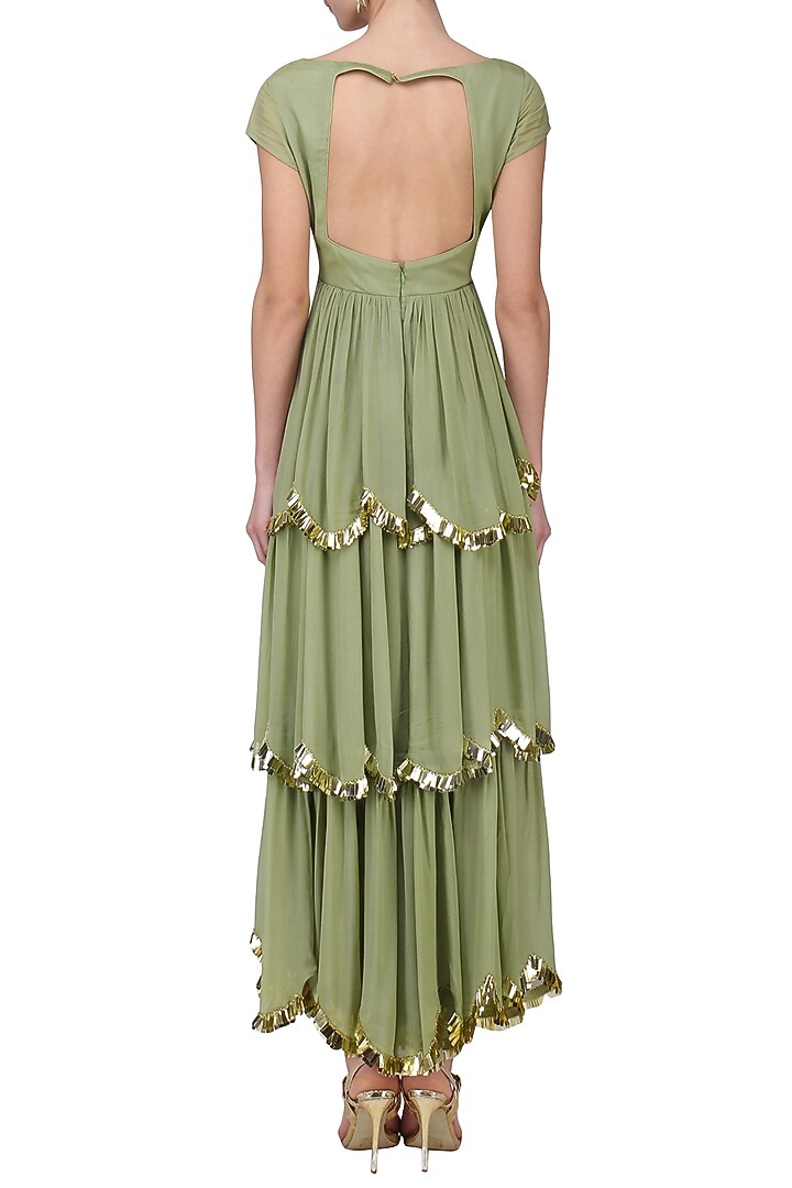 Pistagreen and mango yellow embroidered layered Anarkali set available only at Pernia's Pop Up Shop.