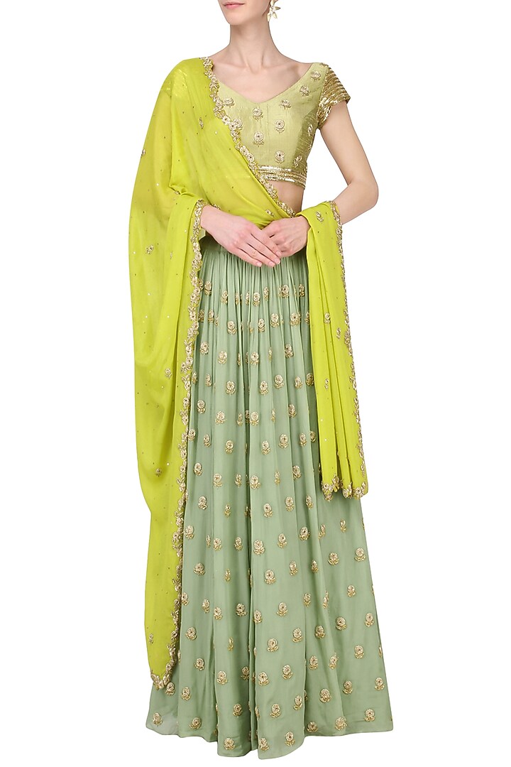 Pista and lime embroidered lehenga set available only at Pernia's Pop Up Shop.