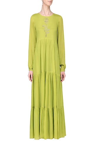 Lime Crepe Satin Cutdana Embroidered Layered Maxi Dress by Ease