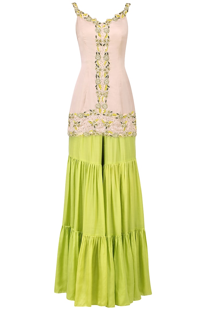 Blush Pink and Lime Embroidered Sharara Set by Ease