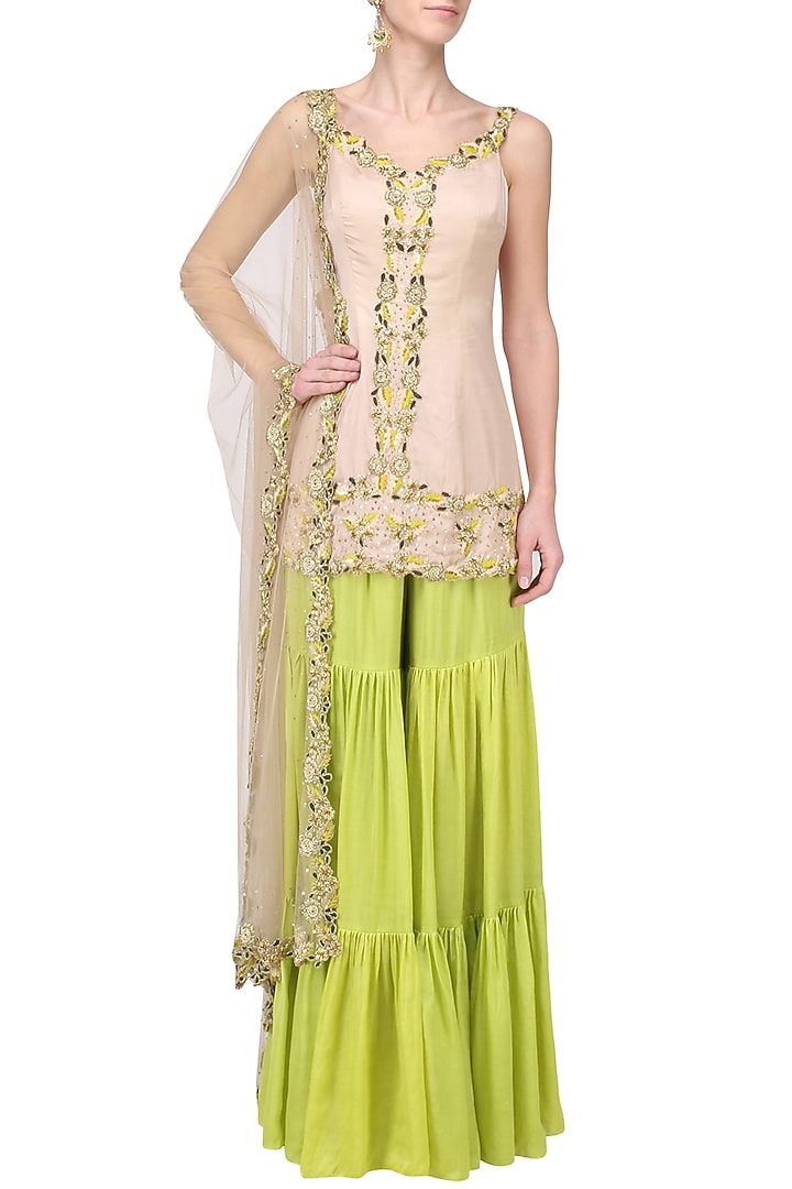Blush pink and Lime embroidered Sharara set available only at Pernia's Pop Up Shop.